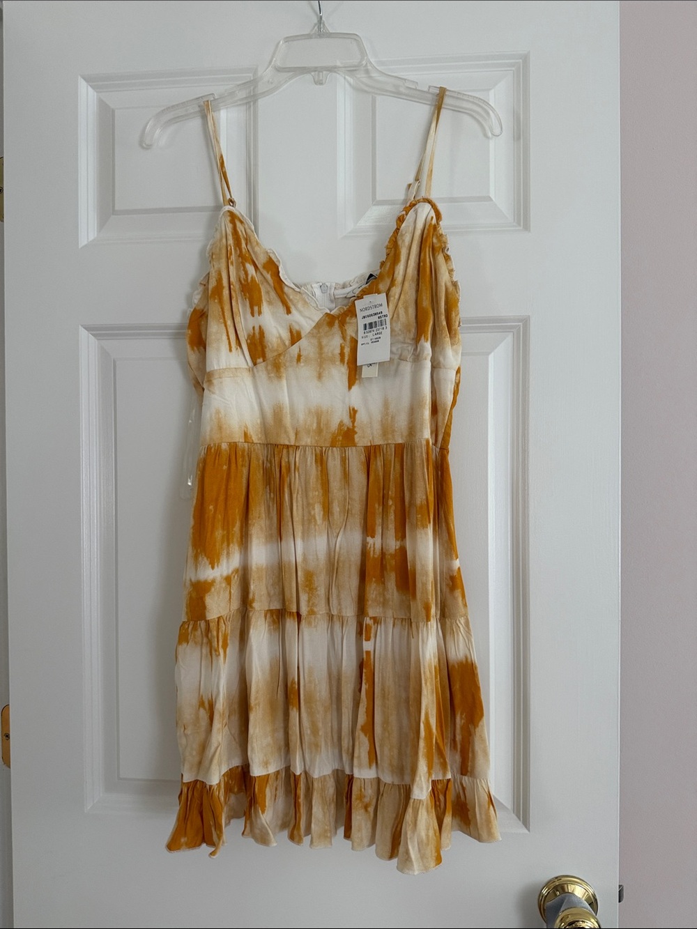 Speechless Tie-Dye Tiered Spaghetti Strap Dress in Mustard & White